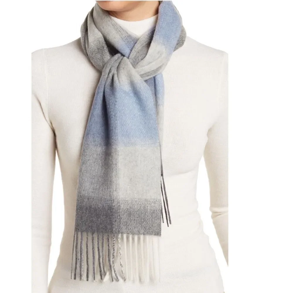 PHENIX Cashmere Mixed Weave Buffalo Plaid Scarf, Soft Luxurious, Blue Plaid, NWT